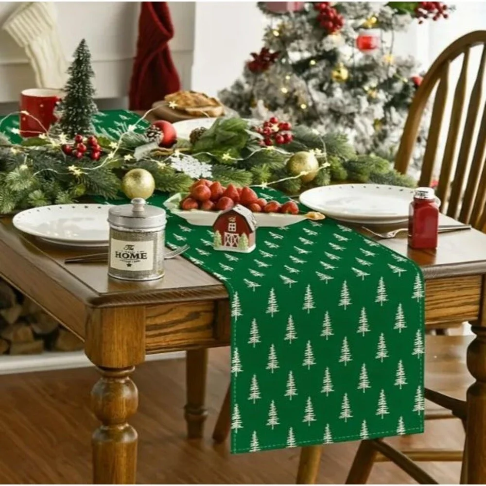 Christmas Table Runner 13x72in Green Linen Trees